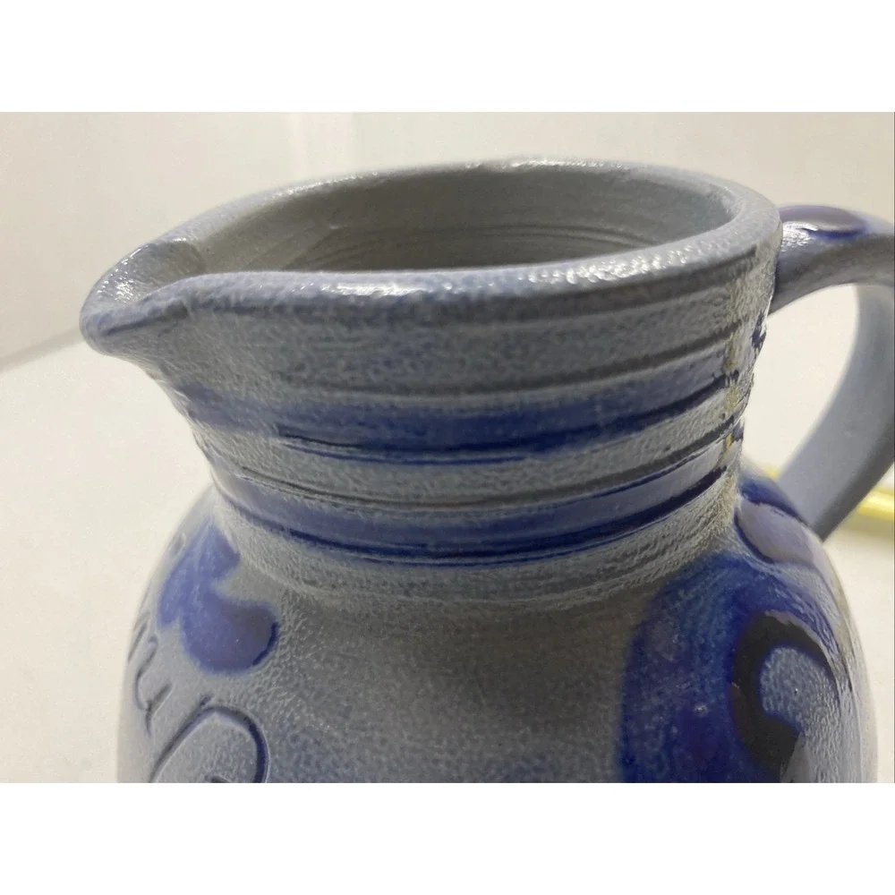 Vintage German Salt‎ Glaze Pitcher Handle Blue Stripe 1/2 L  5.75